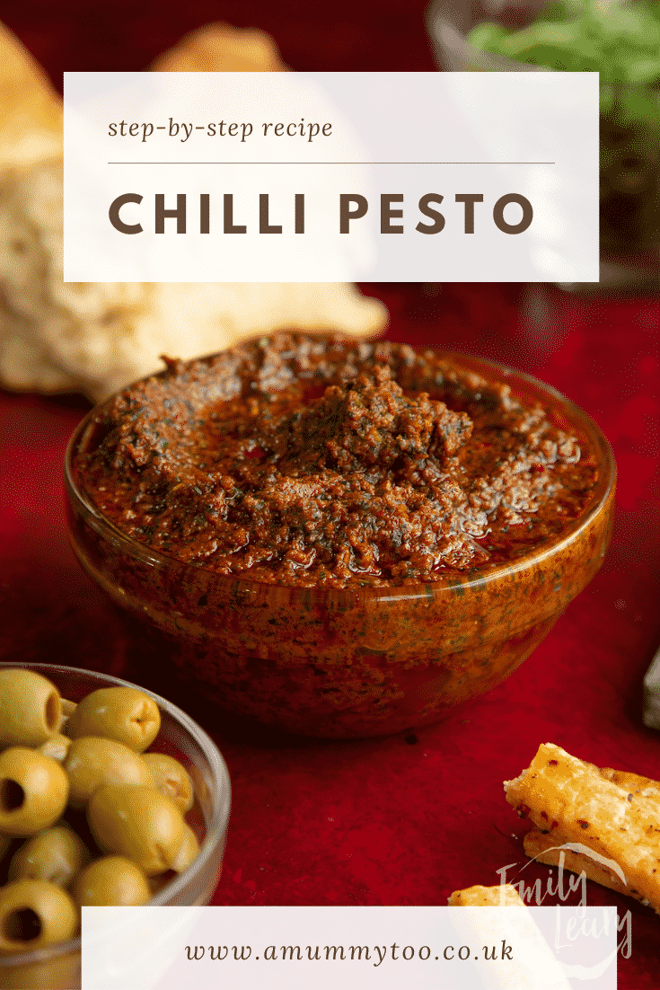 Pinterest image for the chilli pesto with text at the top describing the image for the platform.
