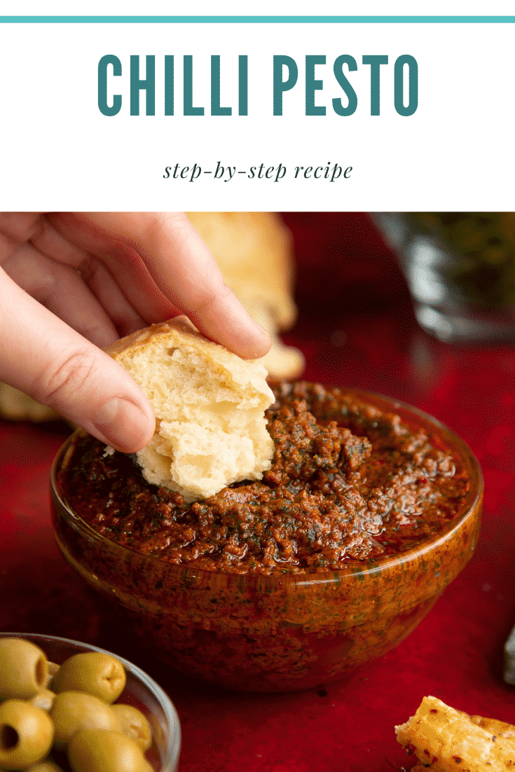 Pinterest image for the chilli pesto with text at the top describing the image for the platform.