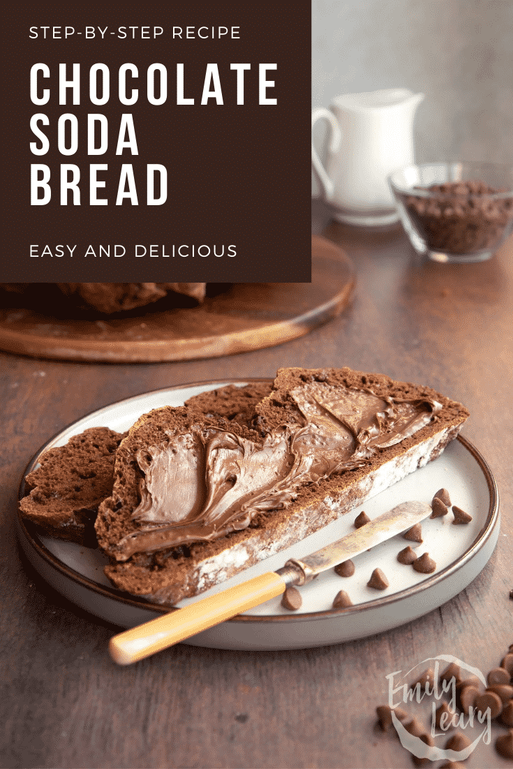 Pinterest image for chocolate soda bread with text at the top describing the image for Pinterest.