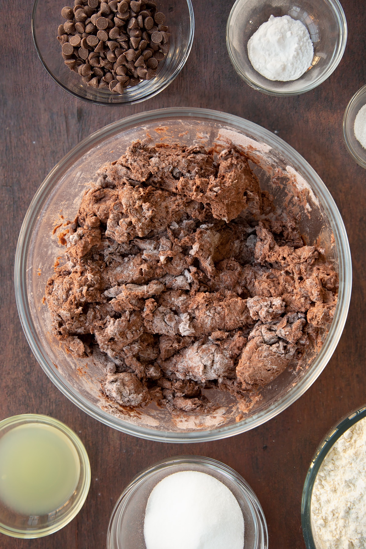 Overhead shot of the chocolate soda bread ingredients having been mixed together into a dough.
