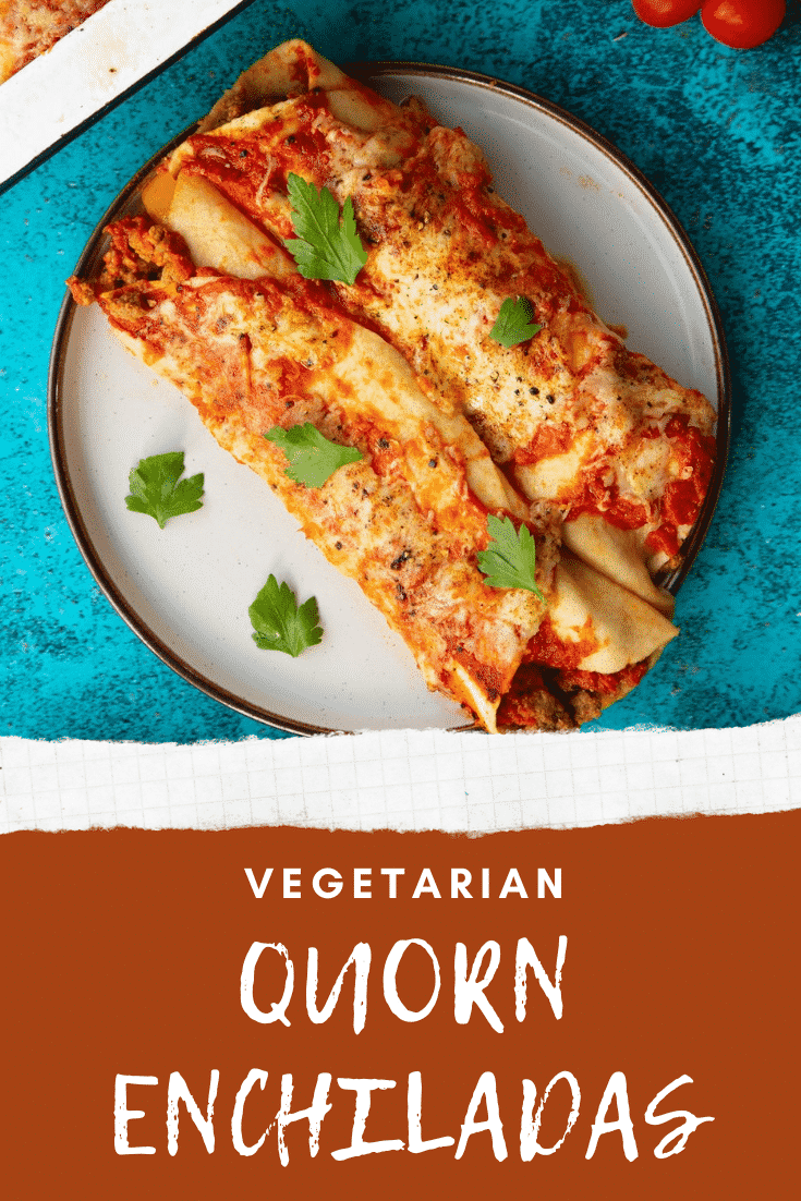 Quorn mince enchiladas served on a grey plate from above. Caption reads: Vegetarian Quorn enchiladas.