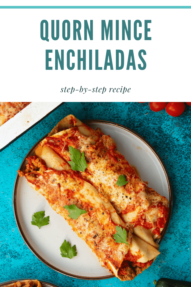 Quorn mince enchiladas served on a grey plate from above. Caption reads: Vegetarian Quorn enchiladas. Step-by-step recipe.