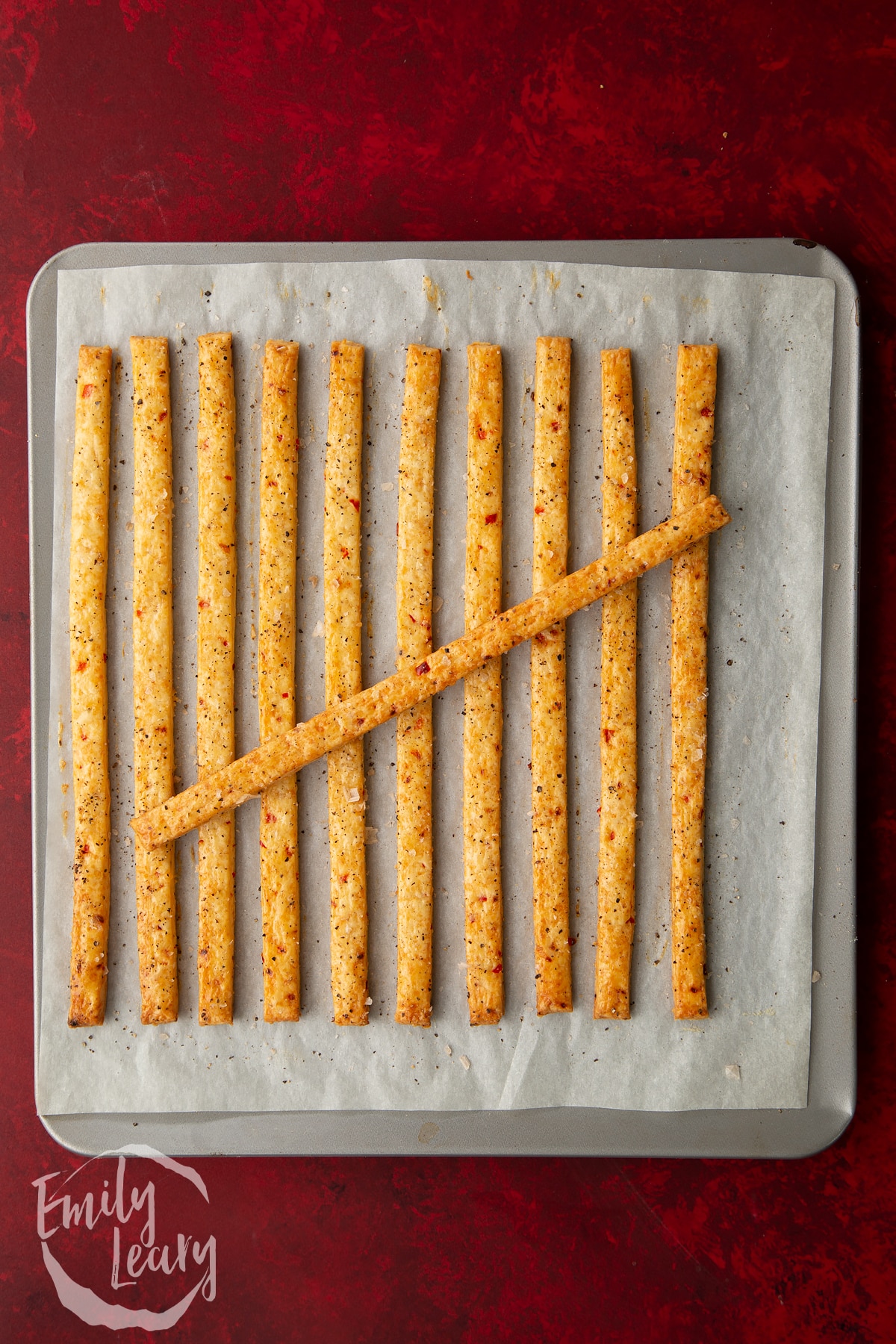 Overhead shot of the finished spicy cheese straws.