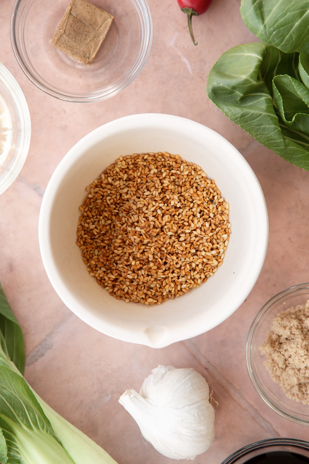 Overhead shot of the seasme seeds in dish.