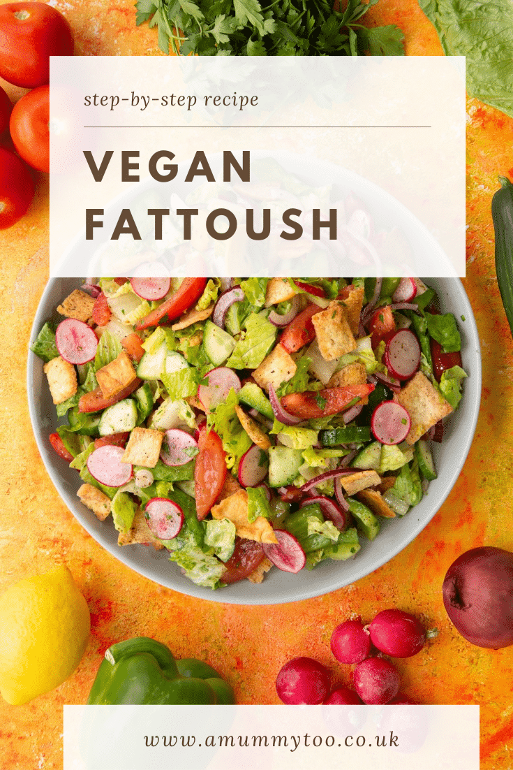 Vegan fattoush on a grey plate. Caption reads: Step-by-step recipe. Vegan fattoush.