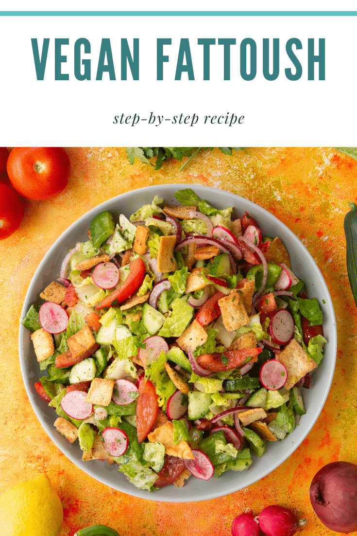 Vegan fattoush on a grey plate. Caption reads: Vegan fattoush. Step-by-step recipe.