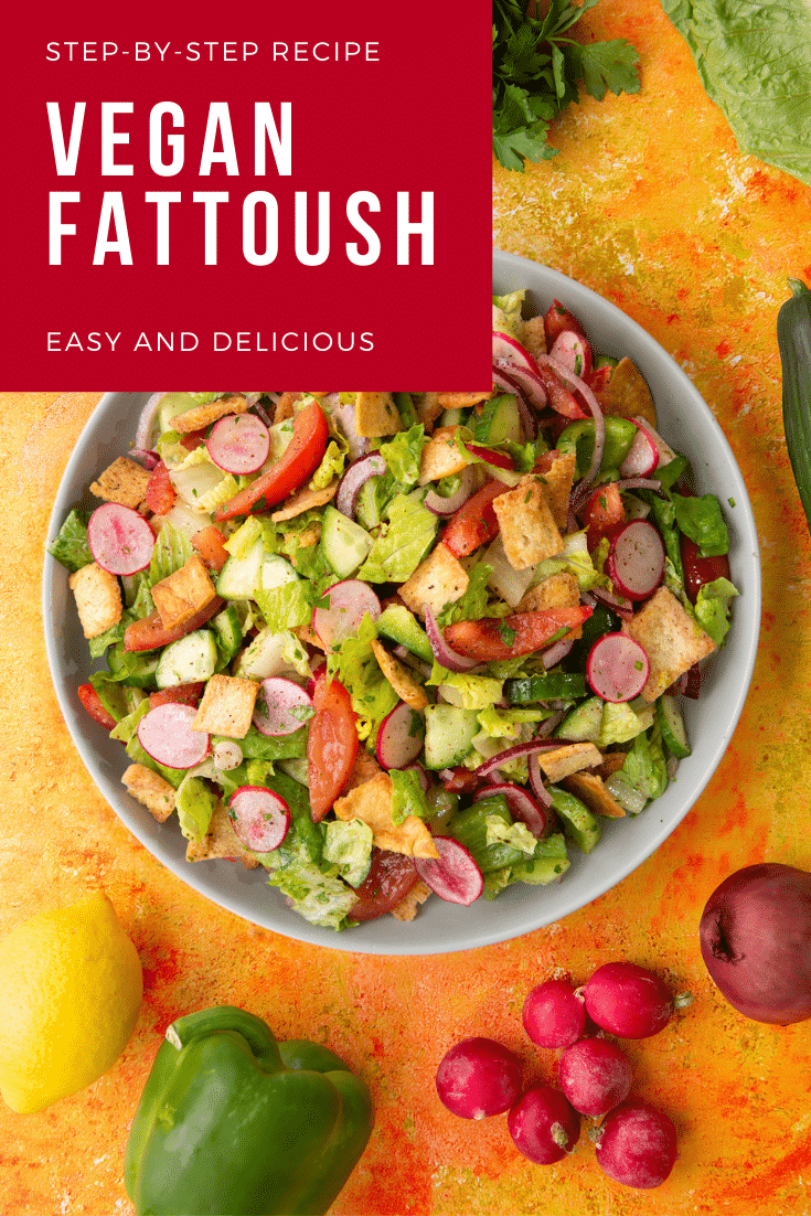 Vegan fattoush on a grey plate. Caption reads: Step-by-step recipe. Vegan fattoush. Easy and delicious.
