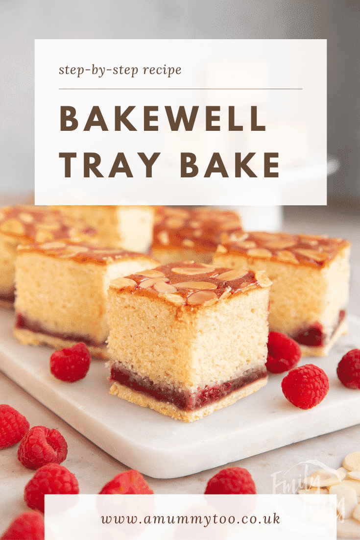 Squares of Bakewell tray bake on a white marble board. Caption reads: Step-by-step recipe. Bakewell tray bake.