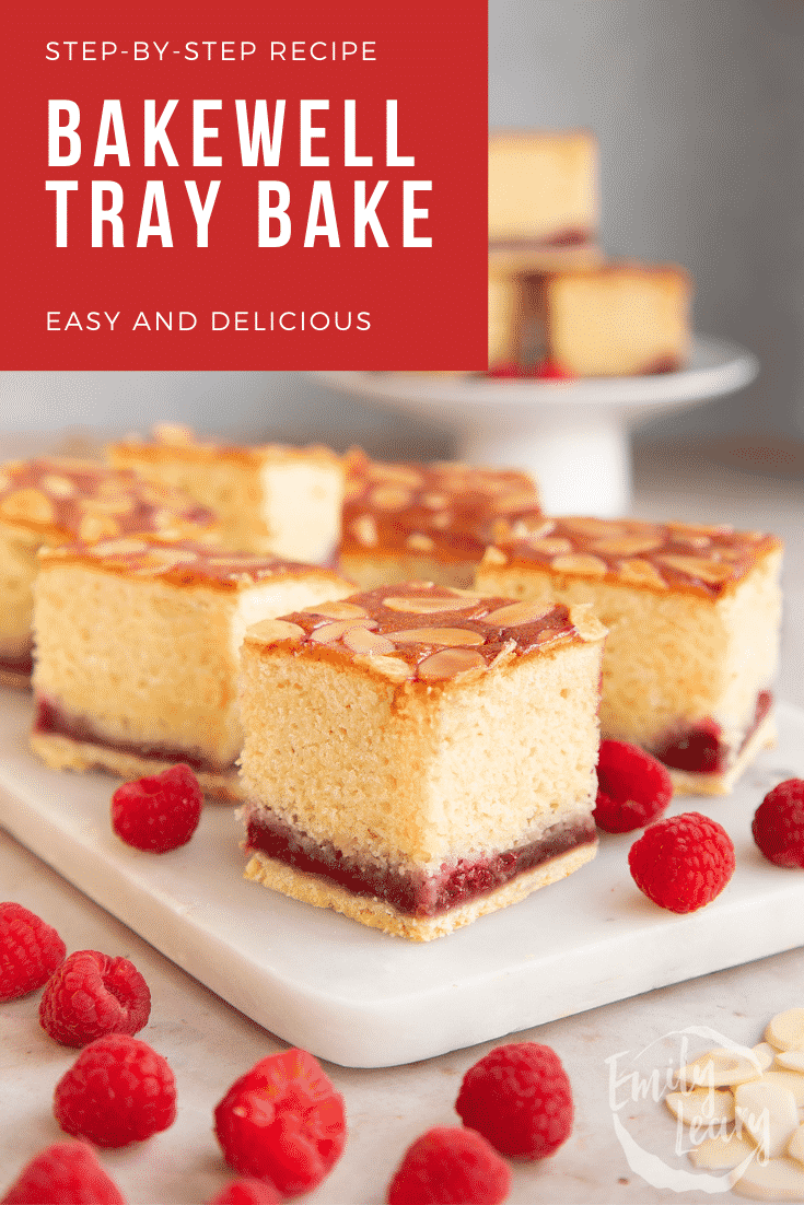 Squares of Bakewell tray bake on a white marble board. Caption reads: Step-by-step recipe. Bakewell tray bake. Easy and delicious.