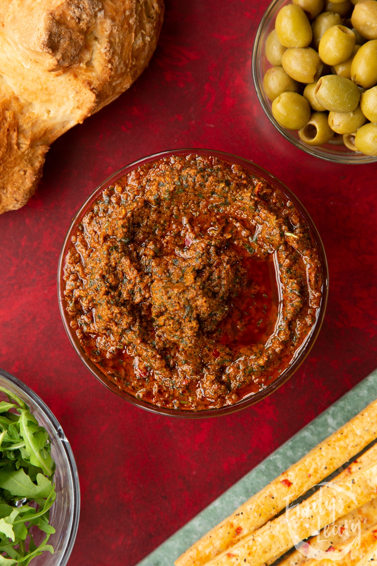 Overhead shot of the finished chilli pesto.