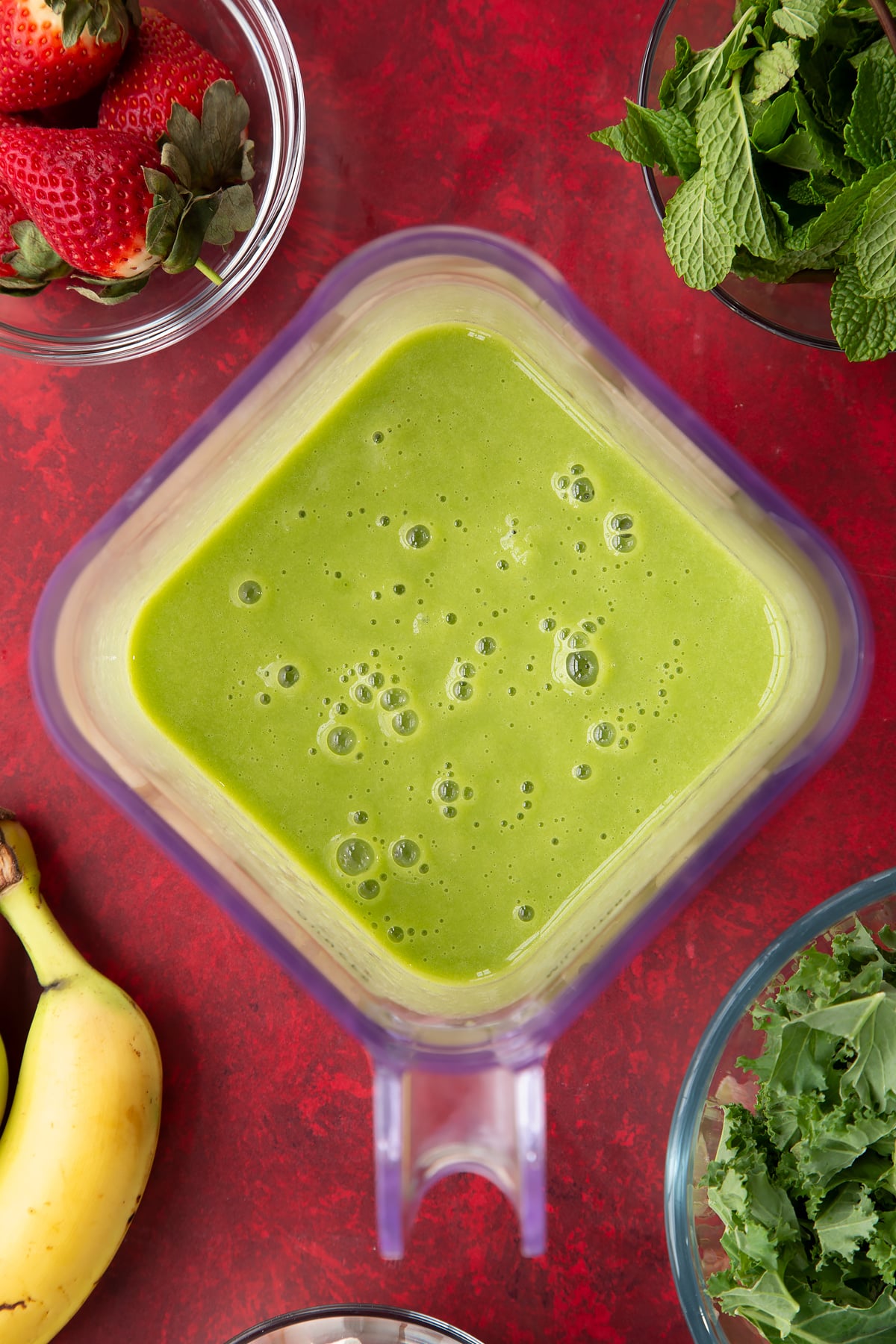 Overhead shot of the blender having blended in the ice.