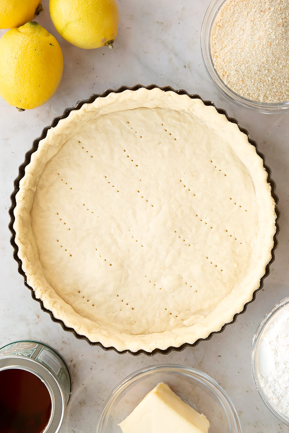 Overhead shot of the pastry inside the pastry tin having been returned to the oven for a further 5 to 8 minutes.