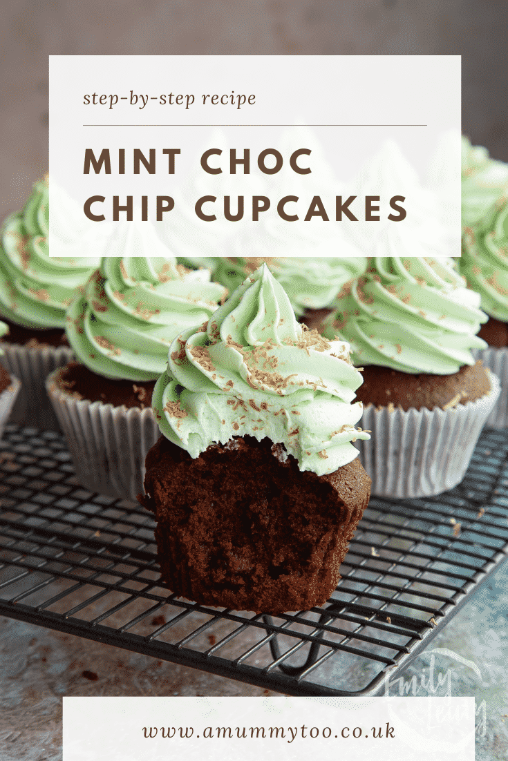 Pinterest image for the mint choc chip cupcakes and text at the top describing the recipe for Pinterest.