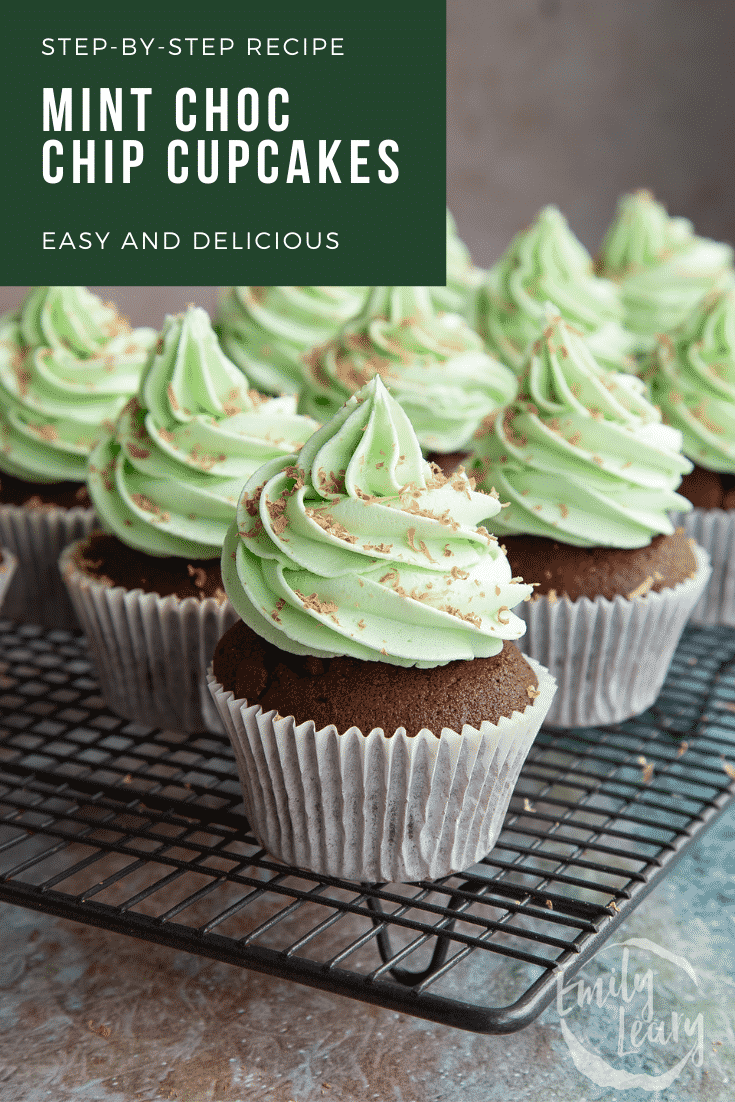 Pinterest image for the mint choc chip cupcakes and text at the top describing the recipe for Pinterest.