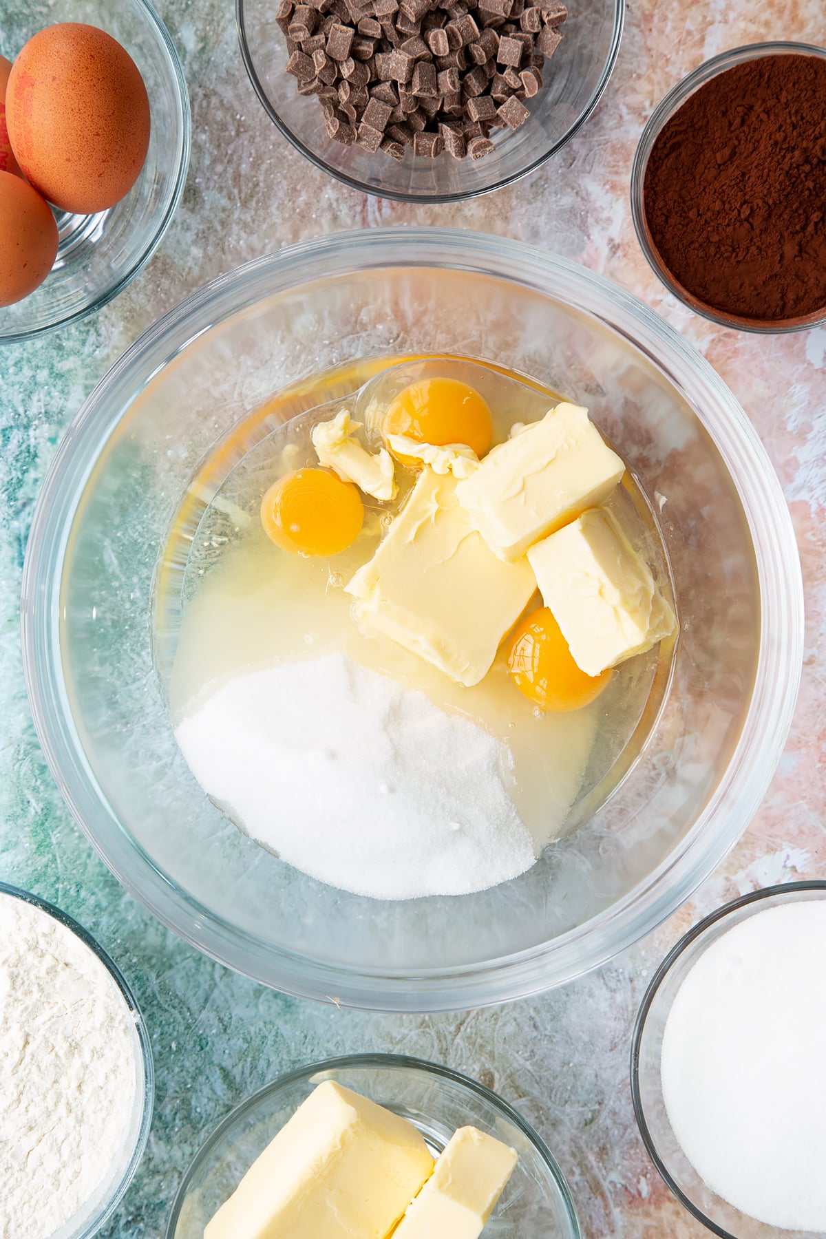 Overhead shot of ingredients for the mint choc chip cupcakes in a bowl.