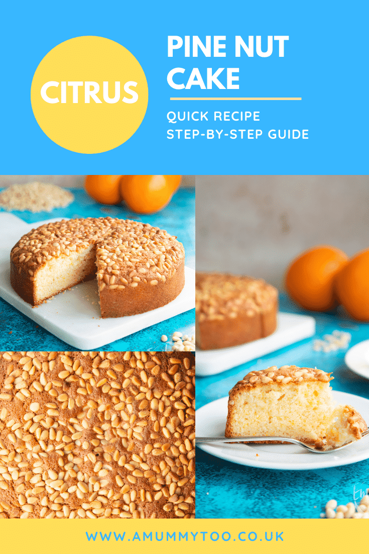 Collage of pine nut cake on a board and plate. Caption reads: Citrus pine nut cake. Quick recipe. Step-by-step guide.