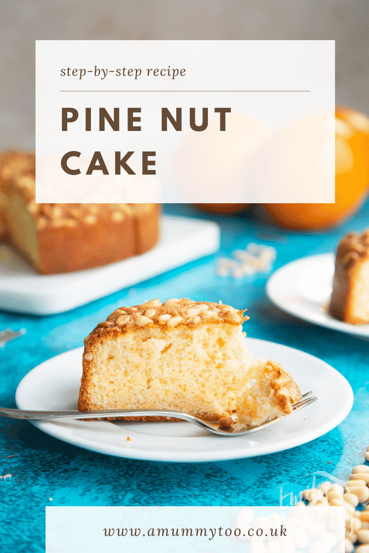 Slice of pine nut cake on a white plate. Some of the crumb is on a fork. Caption reads: Step-by-step recipe pine nut cake.
