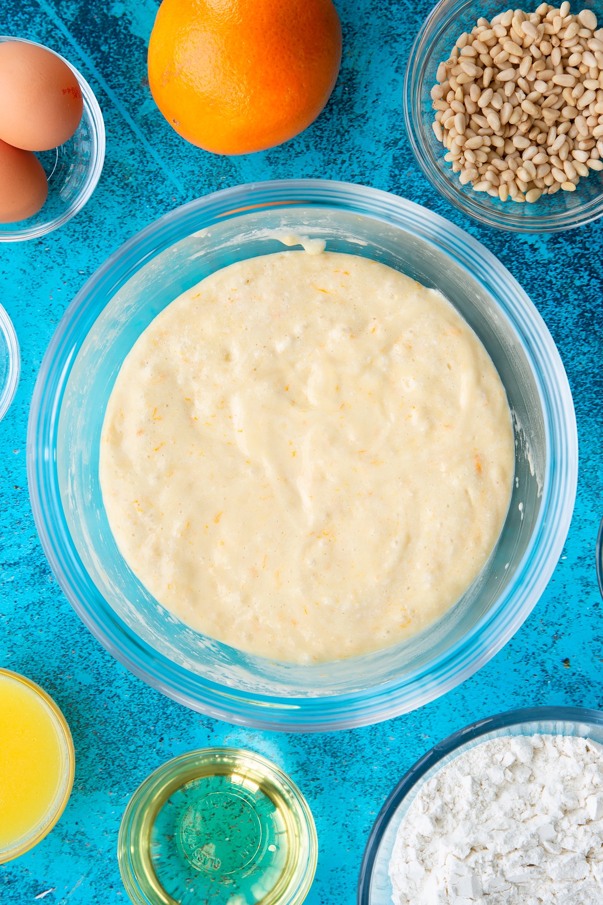 Pine nut cake batter in a bowl.