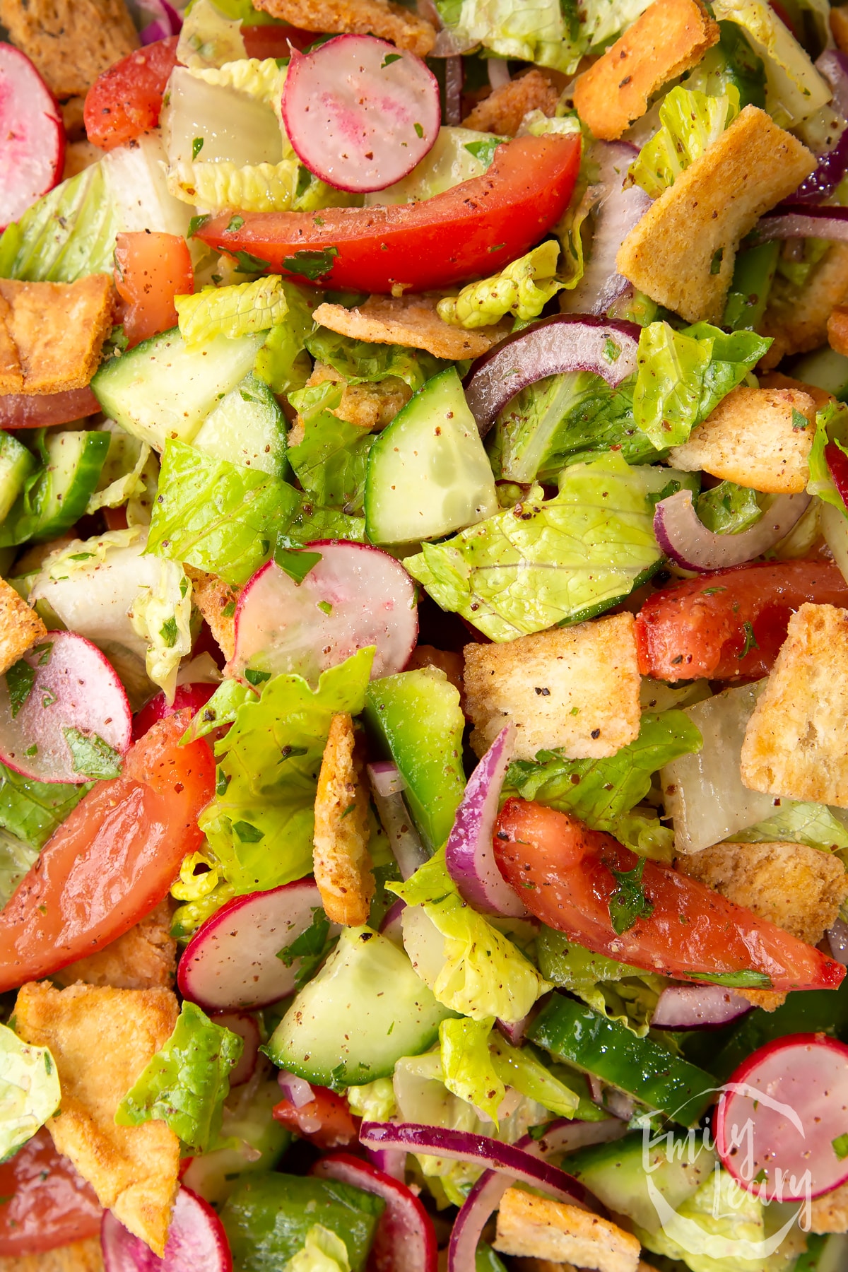 Close up of vegan fattoush showing the vegetables, lettuce, pitta croutons and dressing.