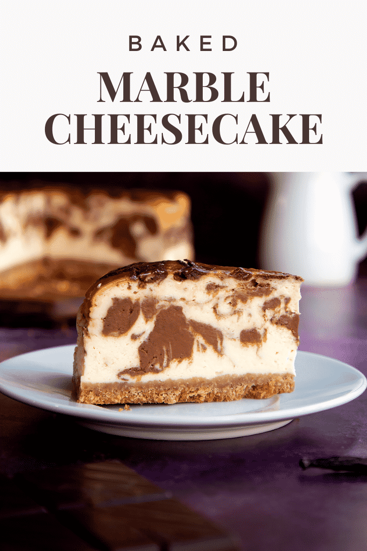 Pinterest image for marble cheesecake with text at the bottom of the image.