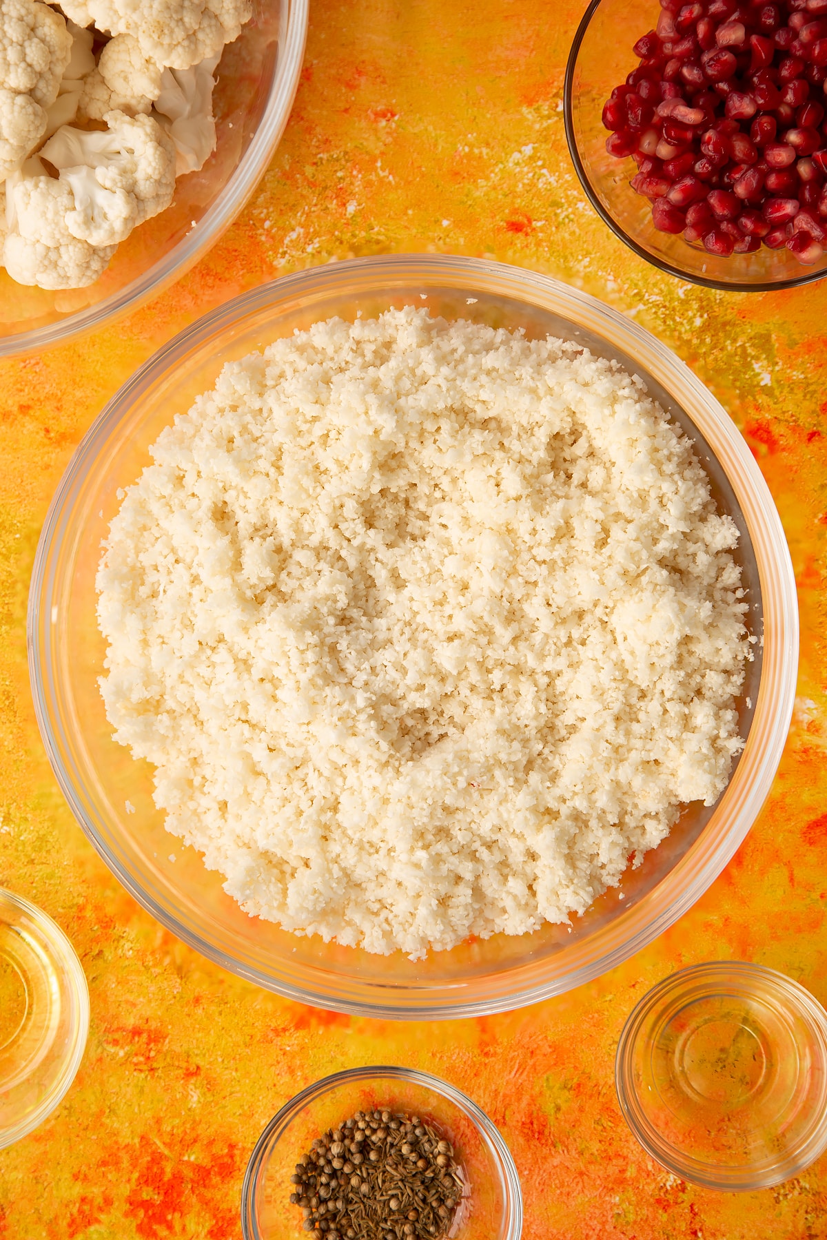 Overhead shot of the cauliflower having been blended together using a food processor.