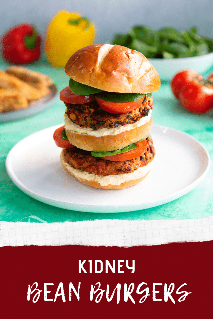 Double stacked kidney bean burger with text at the bottom describing it for Pinterest.