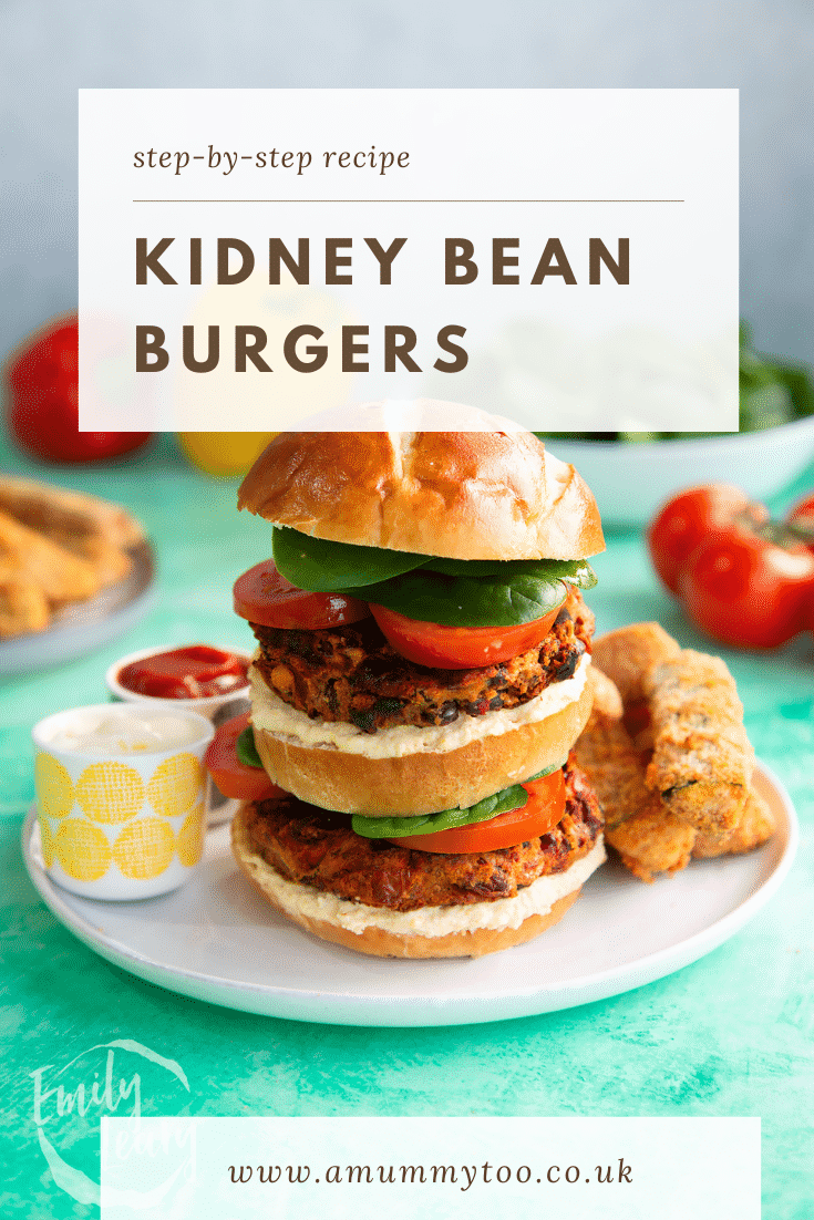 Double stacked kidney bean burger with text at the top describing it for Pinterest.