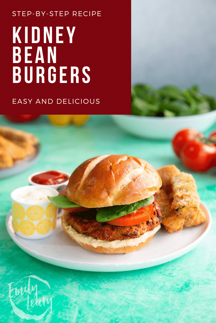 Kidney bean burger with text at the top describing it for Pinterest.