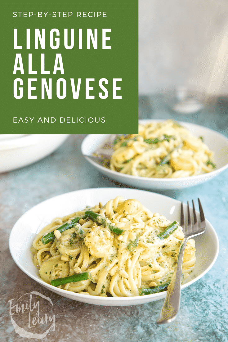 Pinterest image for the Linguine alla genovese with text at the top describing the image.