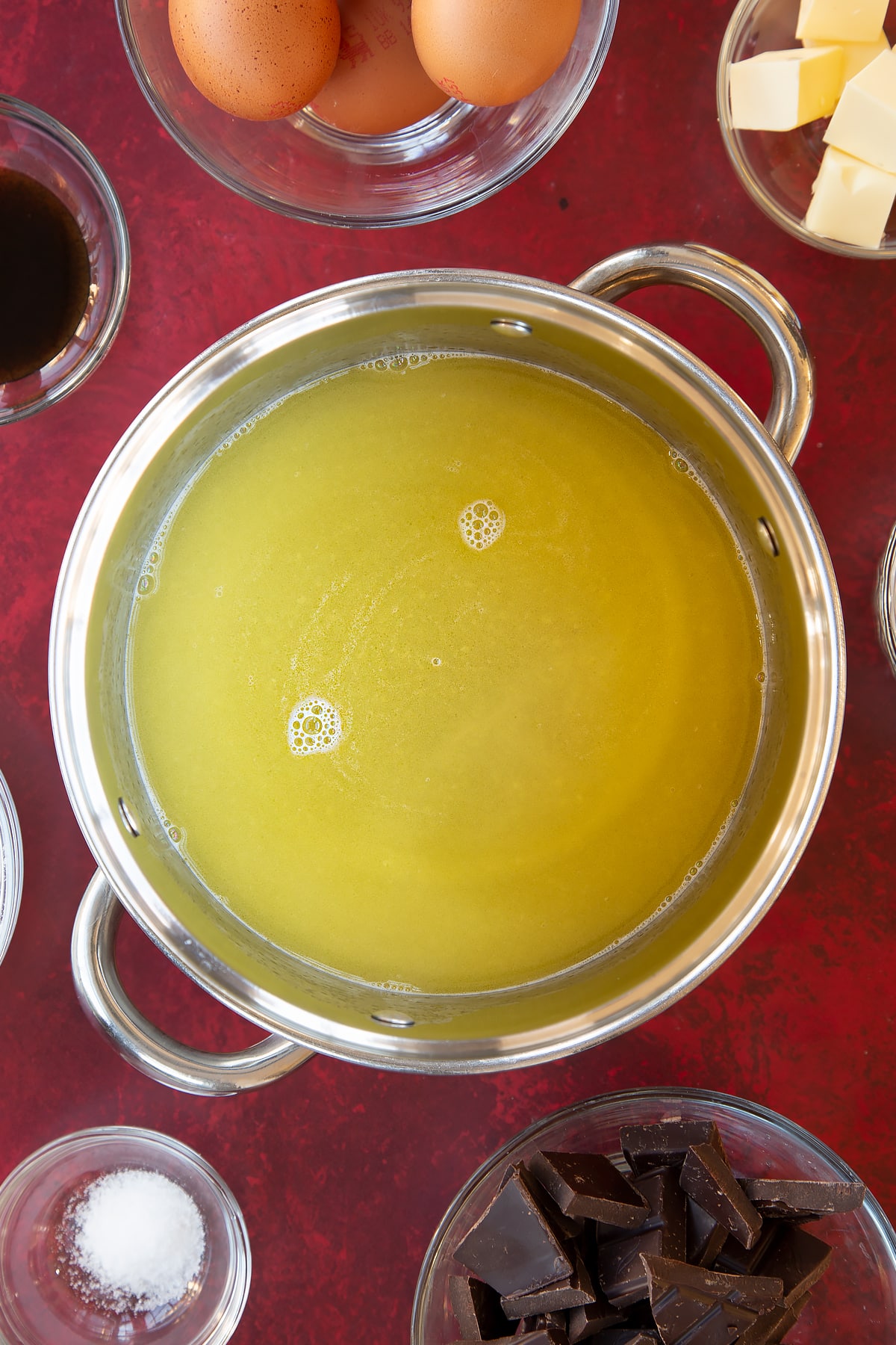 Overhead shot of the salt, water and butter having been melted together on a low heat.