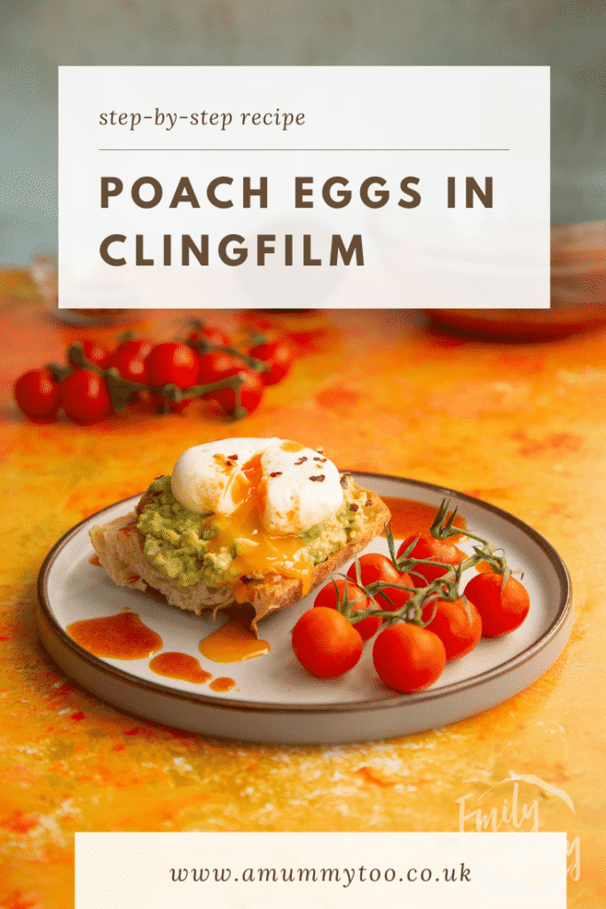 Pinterest image for the poached eggs in clingfilm.
