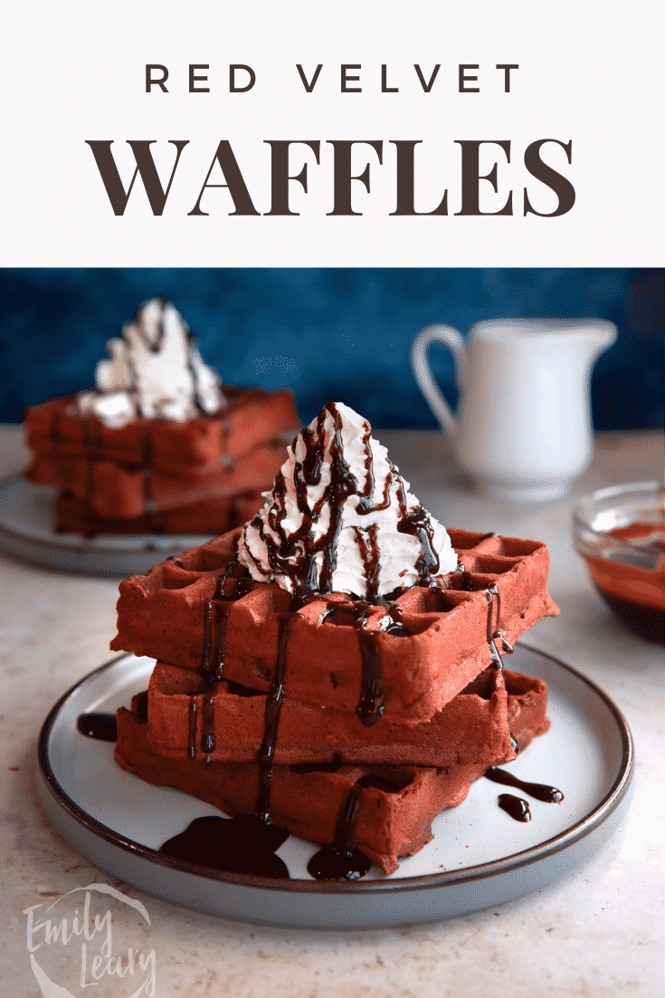 Pinterest image for red velvet waffles with text at the top describing the image.