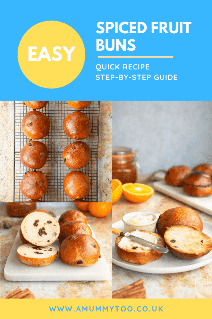 Pinterest image for the spiced fruit buns recipe with three images at the bottom and text at the top describing the image for Pinterest.