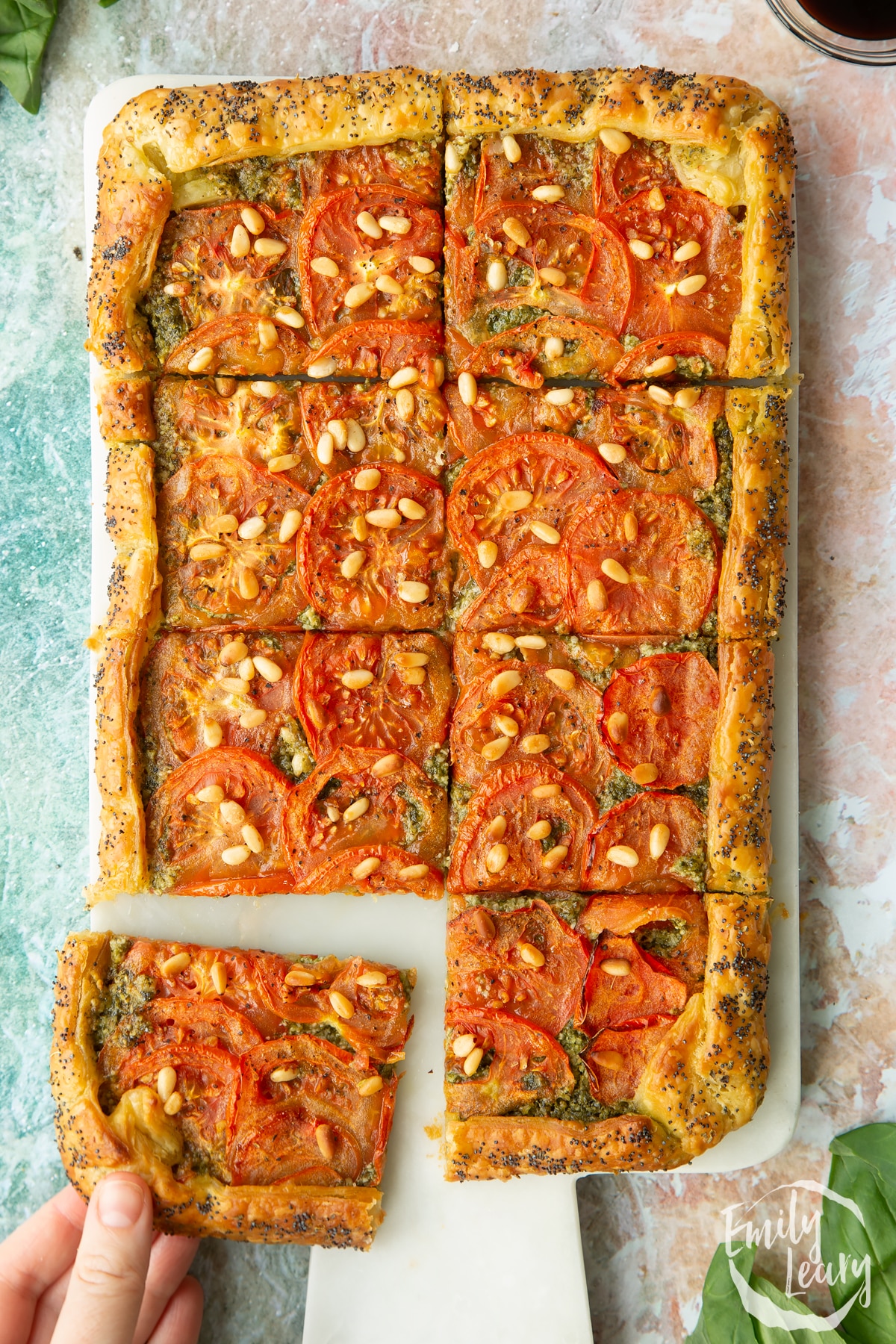 Overhead shot of the finished vegan puff pastry tart