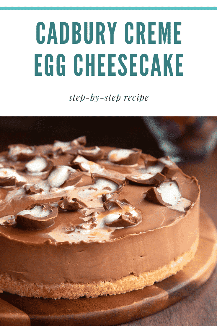 Pinterest image for Cadbury Creme Egg cheesecake.