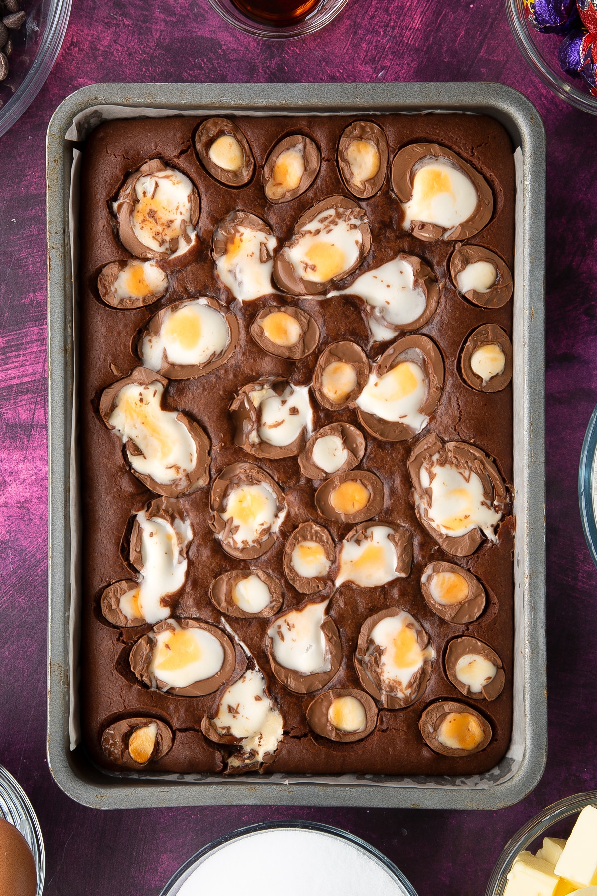 Overhead shot of the brownies having been in the oven.