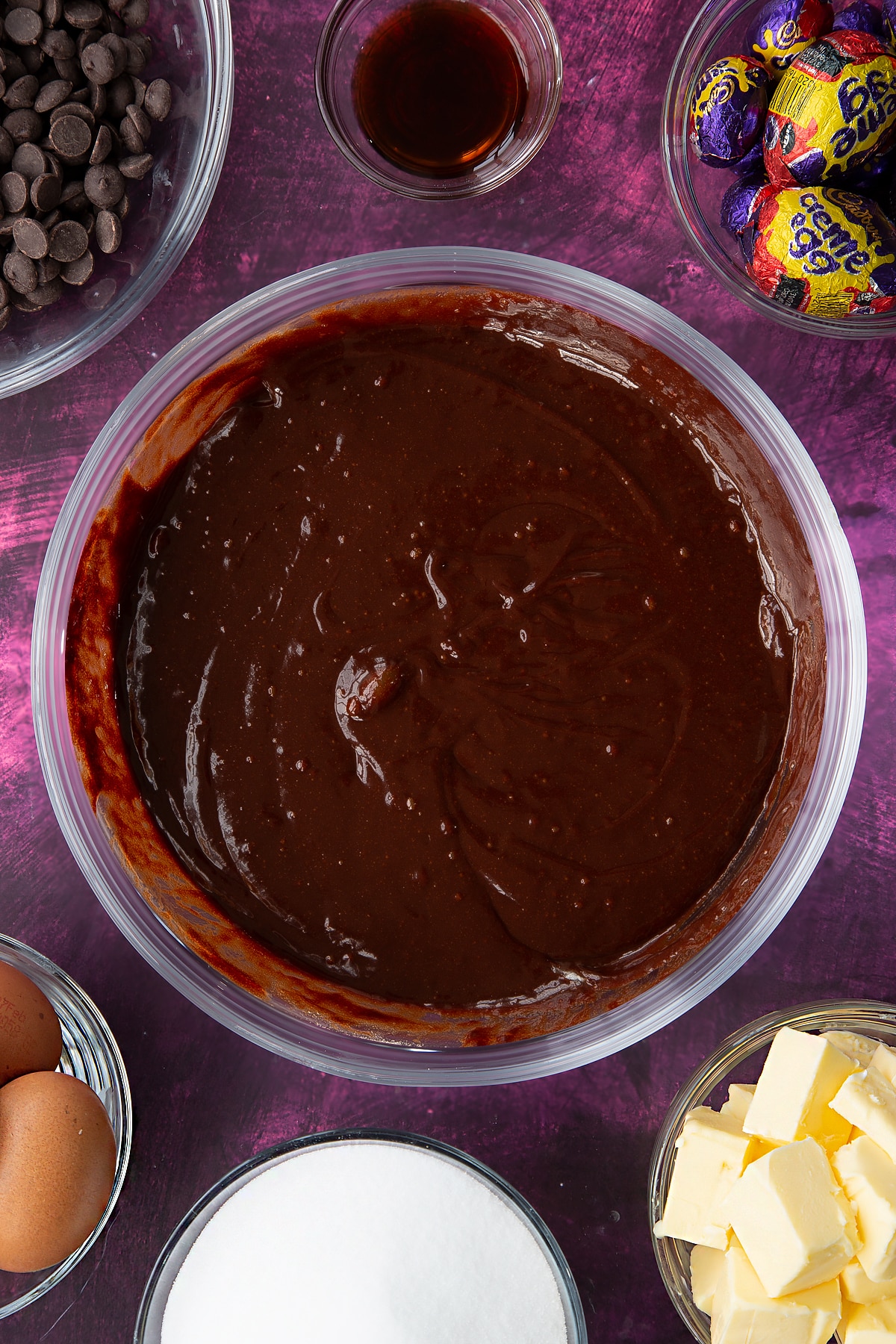 Overhead shot of the chocolate mixture after the ingredients have been mixed tother in a bowl.