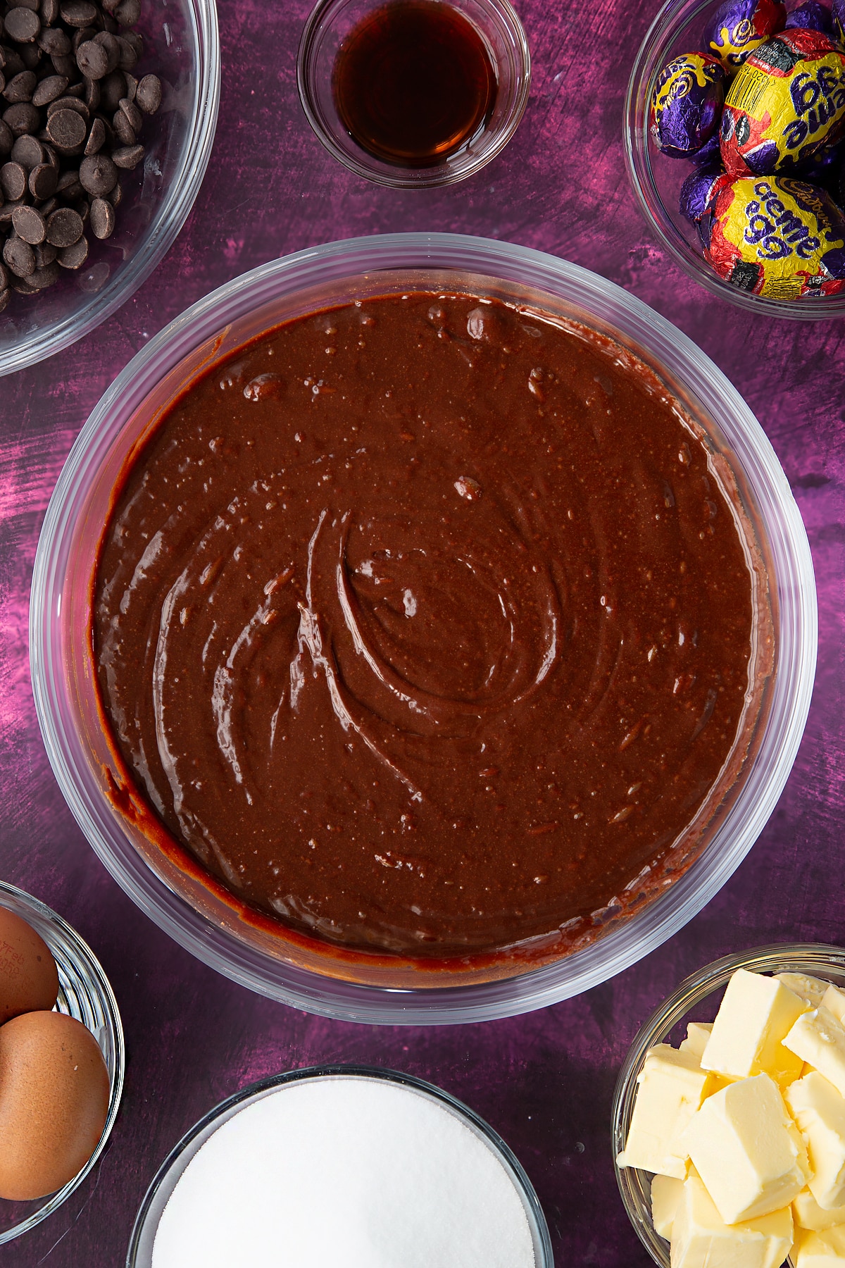 Overhead shot of the heat proof bowl with the wet chocolate mixture inside.