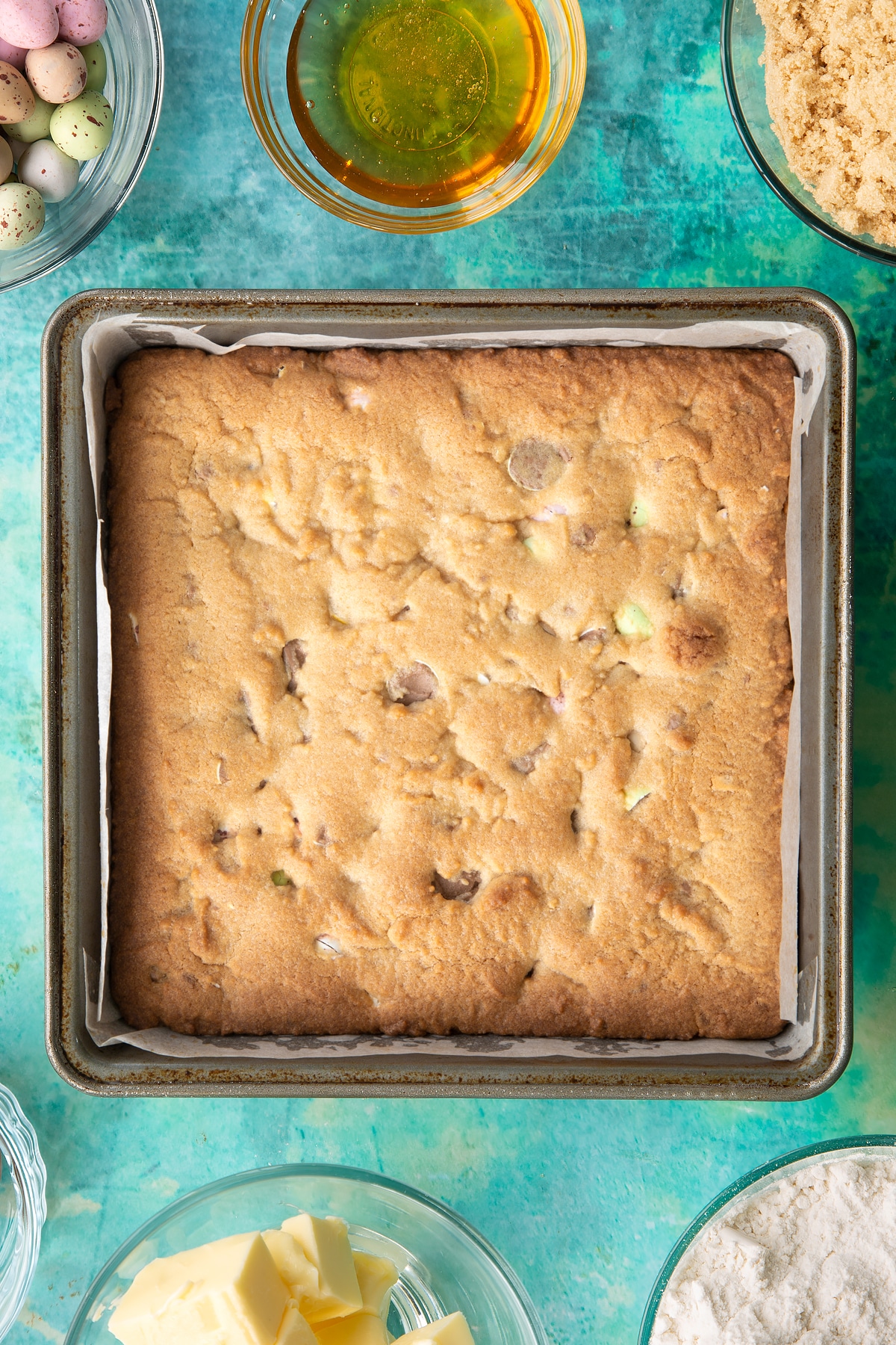 Overhead shot of the cookie bar having been baked in the oven.