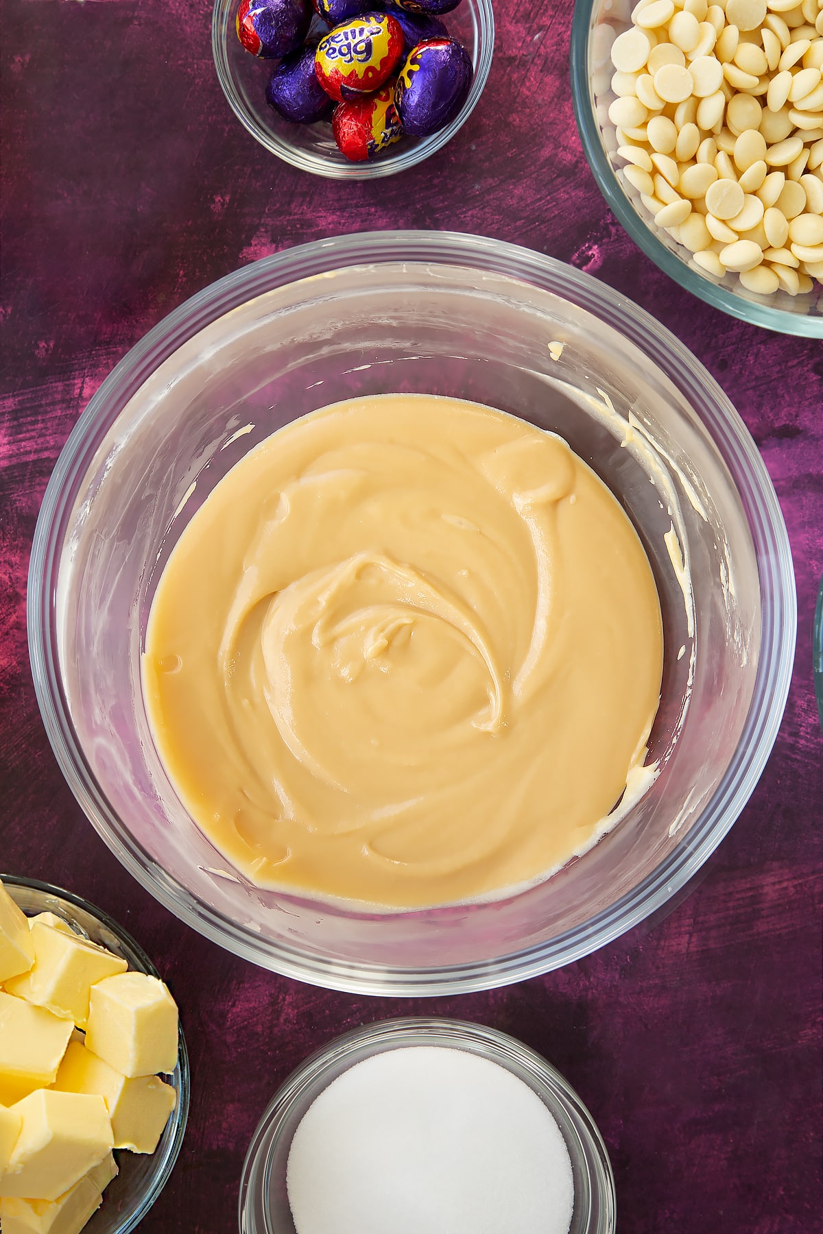 Overhead shot of the wet caramel ingredients having been in the microwave for 2 minutes.