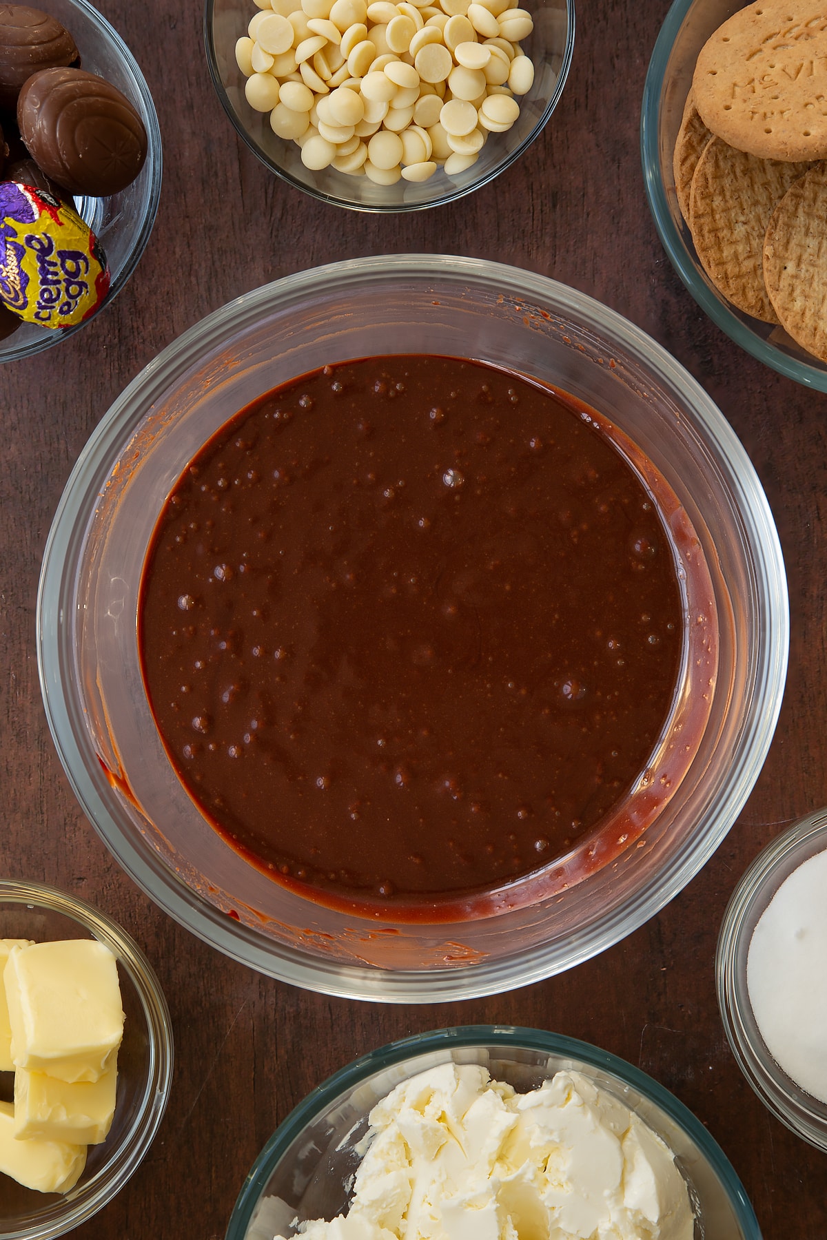 Overhead shot of the mixing bowl after the wet ingredients have been heated and mixed together gently.