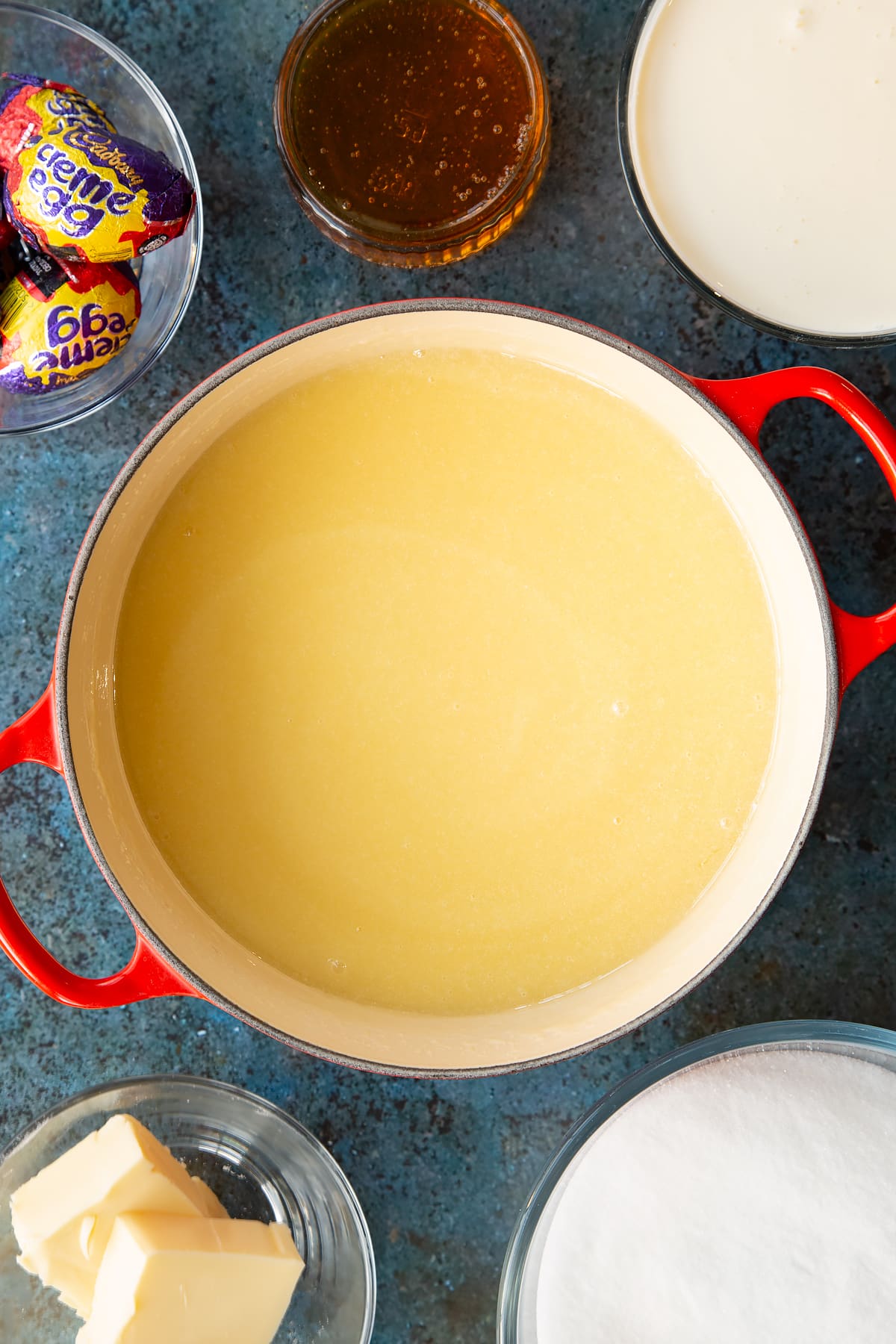 Overhead shot of the ingredients having been melted on a low heat.