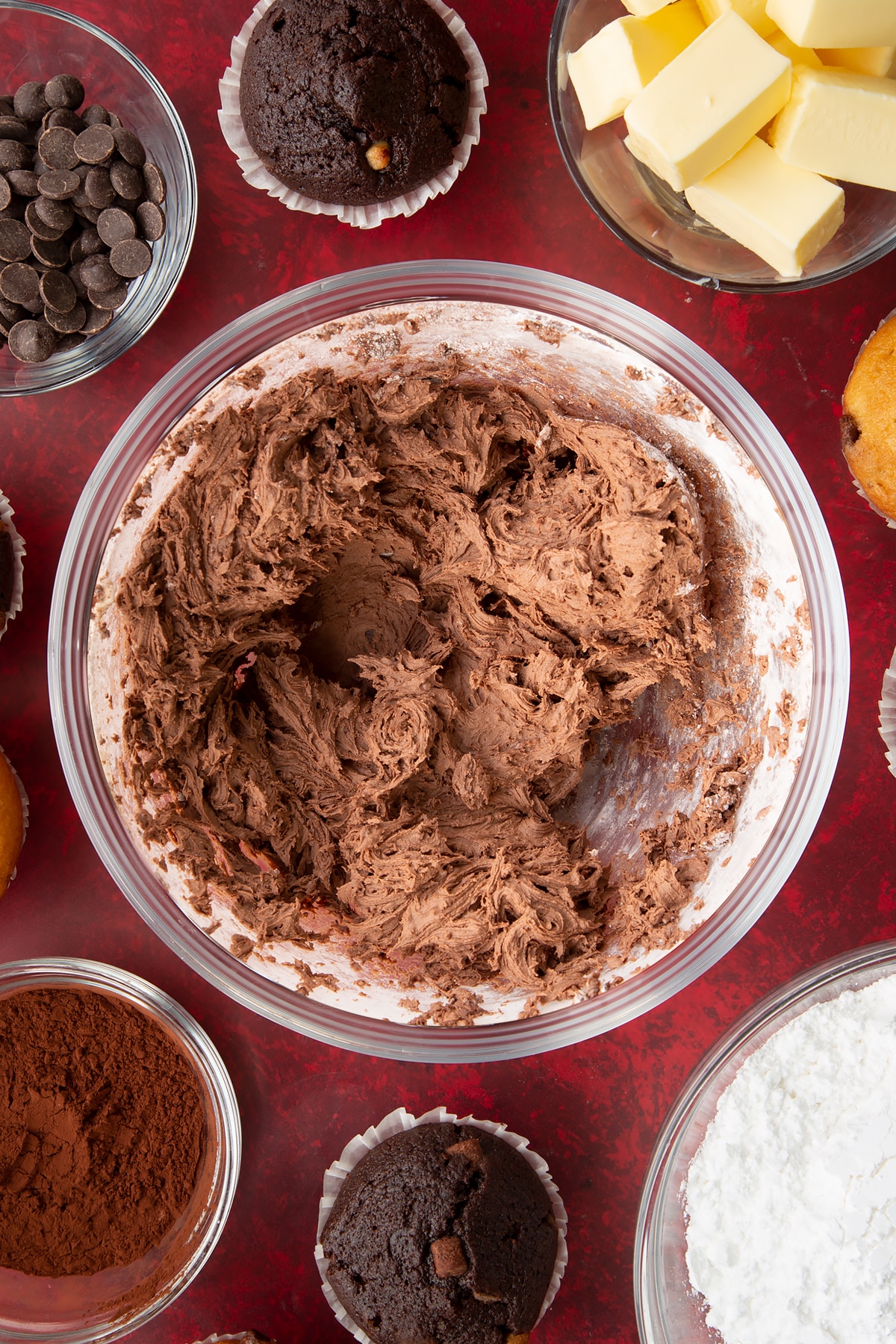 Overhead shot of the chocolate buttercream having been whisked together.