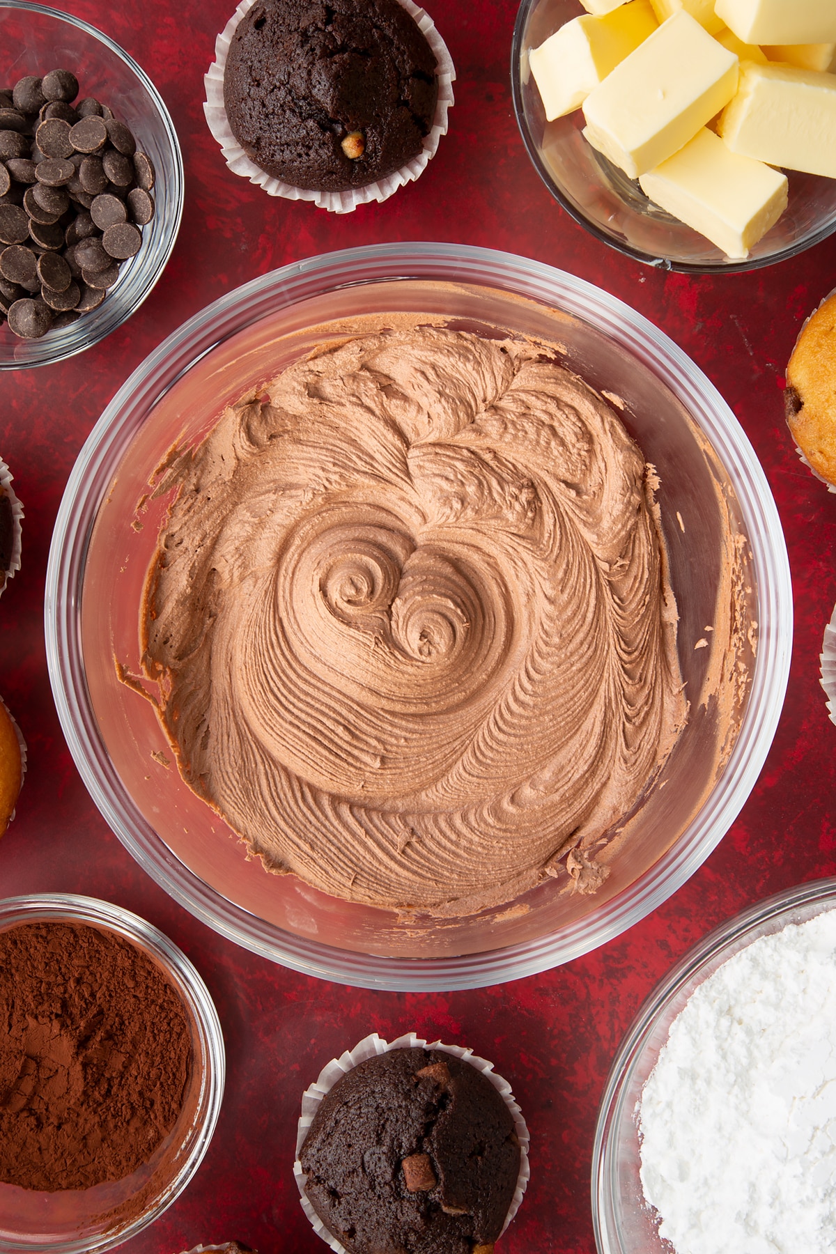Overhead shot of the icing having been whisked on a high speed setting until smooth.