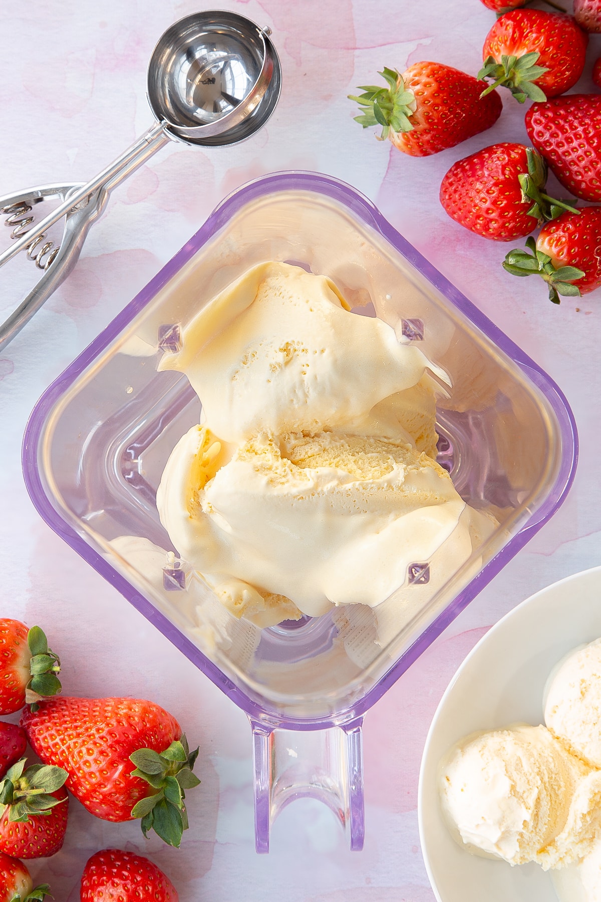 Overhead shot of ice cream in the blender.