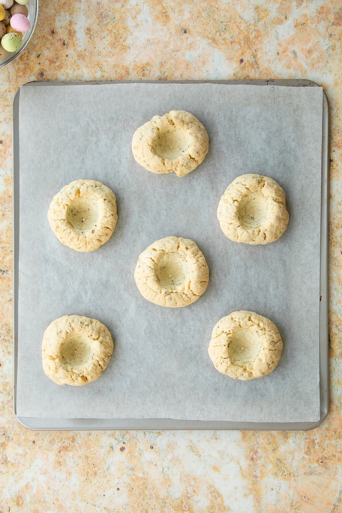 Overhead shot of the biscuits having been in the oven.