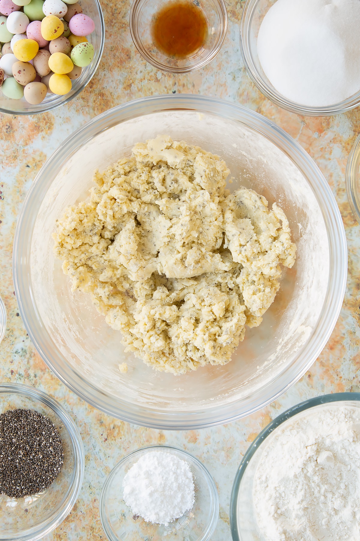 Overhead shot of the mixture for the biscuits after the ingredients have been mixed together.