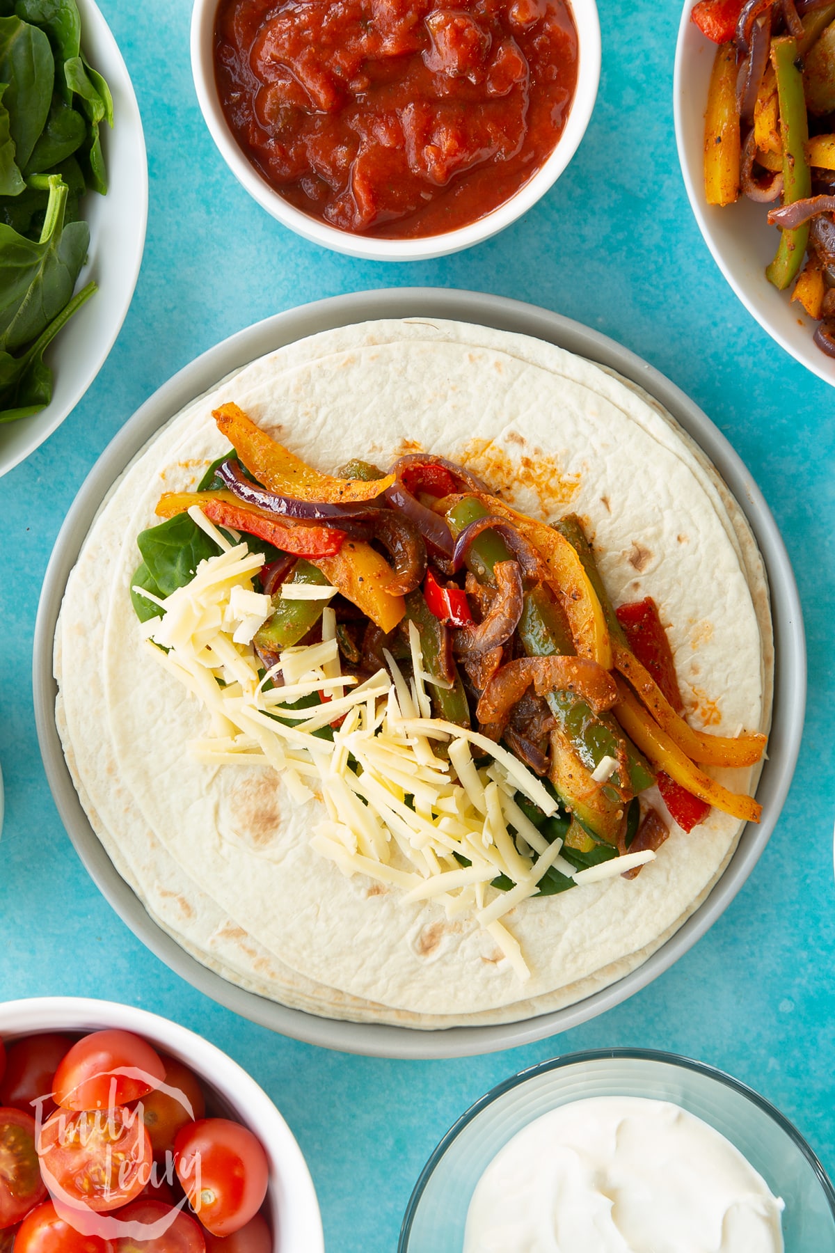 Overhead shot of a veggie fajita.