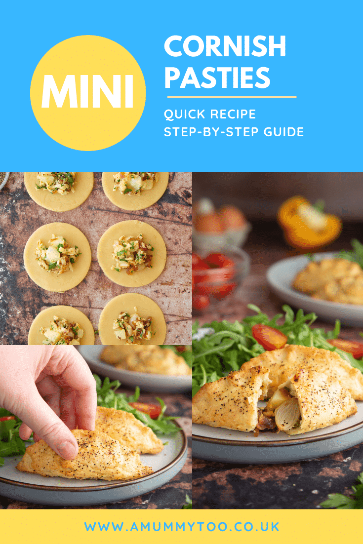 Pinterest image of the mini cornish pasties with one process image and two finished images.