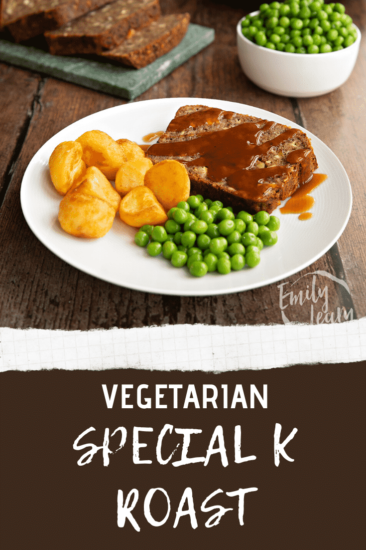 Pinterest image of the finished special k loaf served on a white plate with text describing the recipe below.